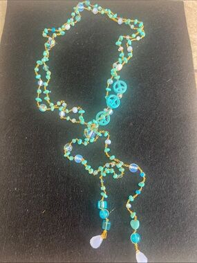 Turquoise Beaded Peace Sign Lariat Necklace with Gold Wire Accents